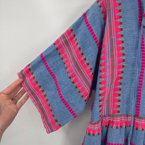 THML Womens Medium Blue Pink Woven Islander Mini Tasseled Peasant Boho Dress - Picture 4 of 15